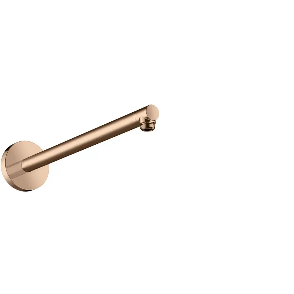 Axor Brausearm in Rotgold, montiert an einer Wand, mit runder Wandplatte und gerader, schlanker Ausführung.